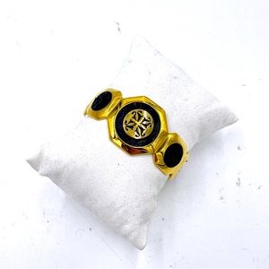 Rustic Cuff Black Leather Python Snakeskin Gold Tone Bracelet